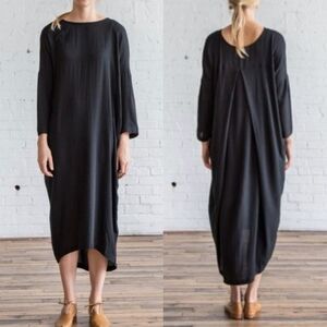 Black Crane Pleated Asymmetrical Cocoon Dress